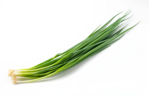放在白色背景上的绿色洋葱是从一个角度拍摄的 — 图库照片