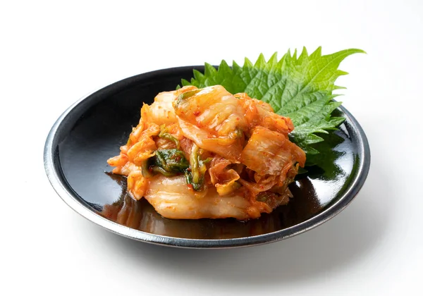 Vue Diagonale Kimchi Dans Une Assiette Sur Fond Blanc — Photo