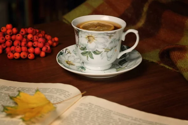 Tee mit Zitrone, Buch und Vogelbeeren — Stockfoto