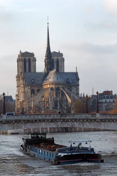 Catedral Notre Dame Rio Sena Inundação Barca Cidade Paris — Fotografia de Stock