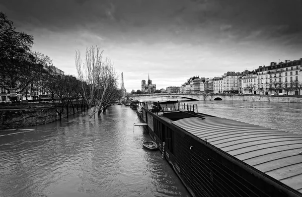 Seine river fllood and Notre Dame cathedral in Paris city