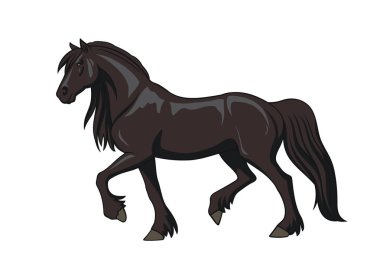 Running black friesian horse  clipart