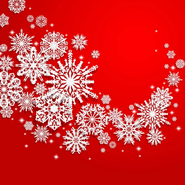Abstract swirl of paper snowflakes on a red background — Stock Vector