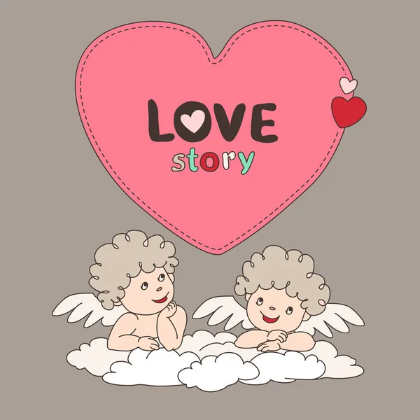 Deux Cupidon sur un nuage et forme une bulle coeur . — Image vectorielle