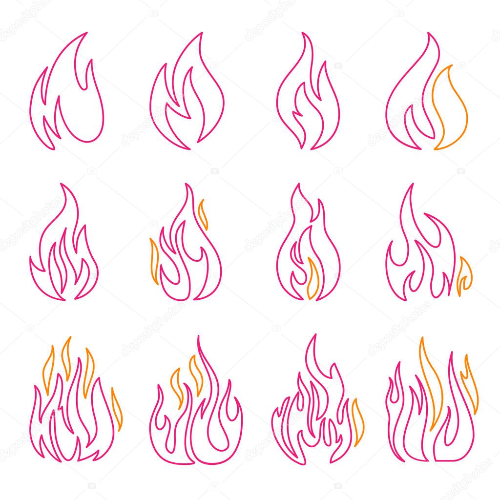 Red fire flat icons and signs set isolated on white background for danger concept or logo design