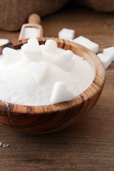 Varios tipos de azúcar, azúcar blanco en la mesa de madera — Foto de Stock