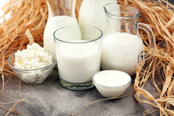 Przetworów mlecznych. smaczne zdrowe produkty mleczne na stole na — Zdjęcie stockowe