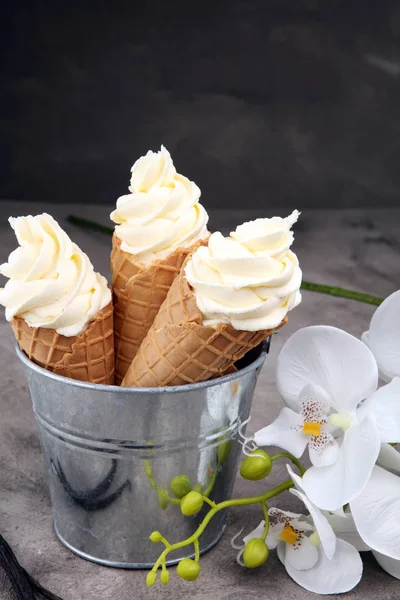 Vanilla frozen yogurt or soft ice cream in waffle cone. — Stock Photo, Image