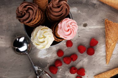 Vanilya yoğurt veya yumuşak kıvamlı dondurma waffle koni dondurulmuş.