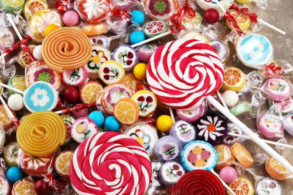 candies with jelly and sugar. colorful array of different childs
