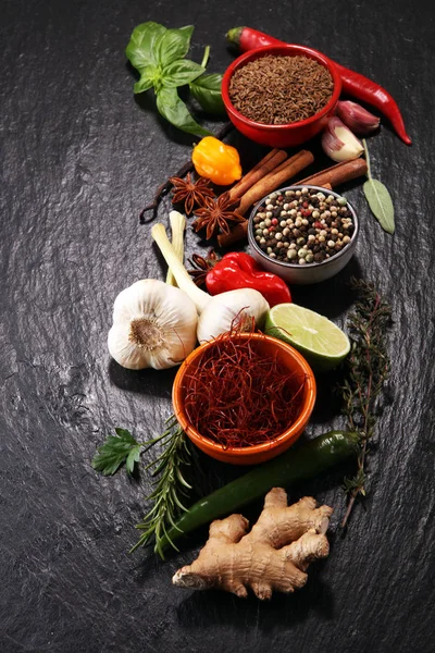 Spices and herbs on table. Food and cuisine ingredients. — Stock Photo, Image