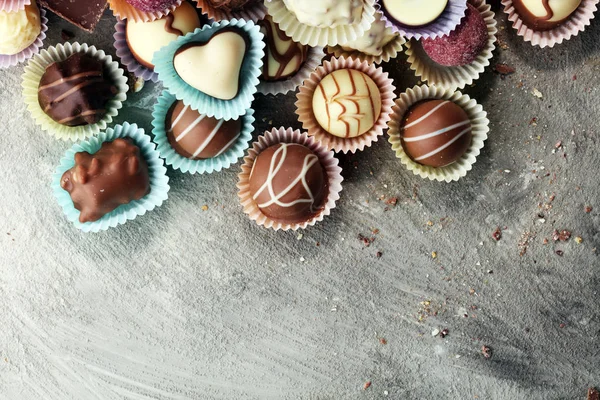 A lot of variety chocolate pralines, belgian confectionery gourm — Stock Photo, Image