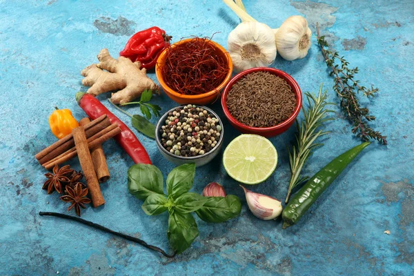 Spices and herbs on table. Food and cuisine ingredients. — Stock Photo, Image