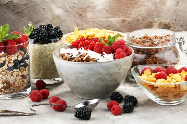 Cereales e ingredientes para un desayuno saludable con pudín de chía —  Fotos de Stock