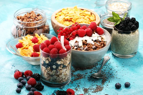 Cereales e ingredientes para un desayuno saludable con pudín de chía —  Fotos de Stock