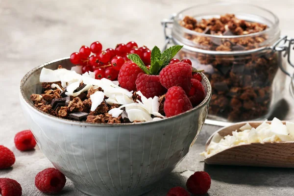 Granola hälsosam frukost med naturell yoghurt, müsli och berrie — Stockfoto