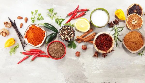 Spices and herbs on table. Food and cuisine ingredients. — Stock Photo, Image