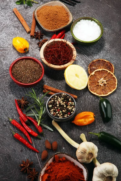 Spices and herbs on table. Food and cuisine ingredients. — Stock Photo, Image