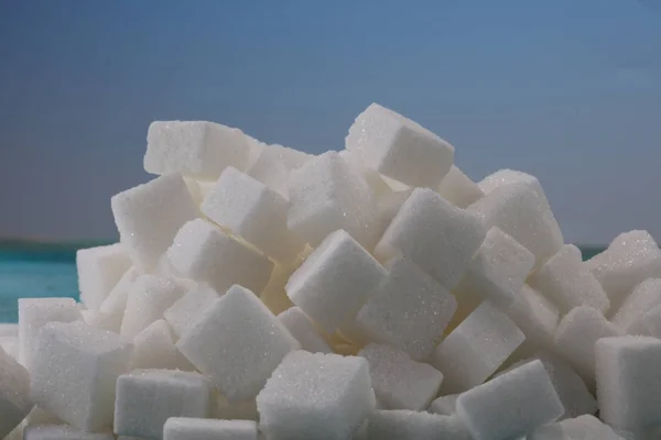 Sockerbitar. ohälsosamma lever med vit sockerbit — Stockfoto
