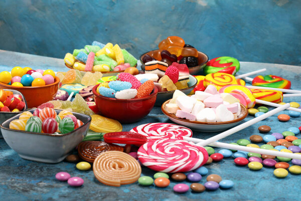 candies with jelly and sugar. colorful array of different childs