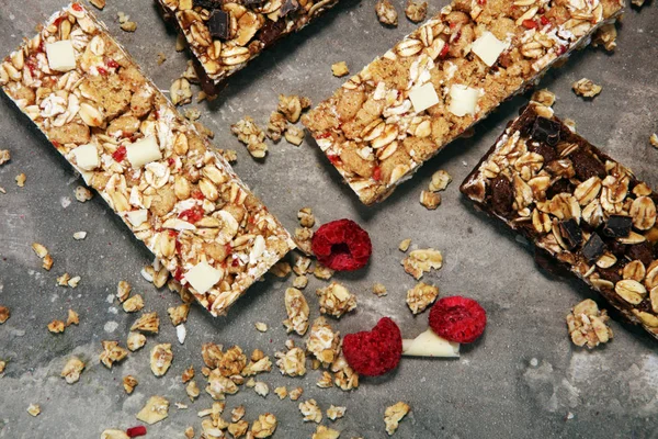 Granola bar. Healthy sweet dessert snack. Cereal granola bar wit