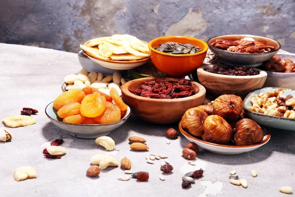 Composition with dried fruits and assorted healthy nuts — Stock Photo, Image