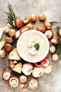 Taze lezzetli mantar çorbası ve taze ve sağlıklı şampiyonlar.
