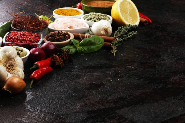 Spices and herbs on table. Food and cuisine ingredients for good — Stock Photo, Image