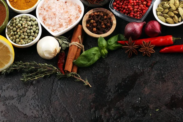 Spices and herbs on table. Food and cuisine ingredients for good — Stock Photo, Image