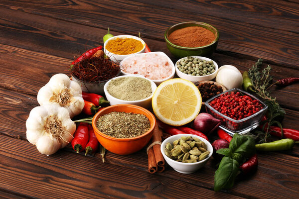 Spices and herbs on table. Food and cuisine ingredients for good