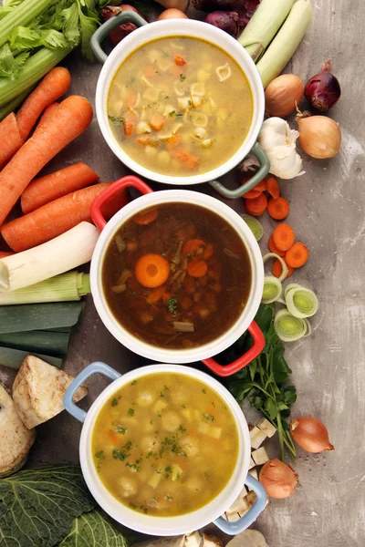 Satu set sup dari masakan seluruh dunia, makanan sehat. Broth dengan n — Stok Foto
