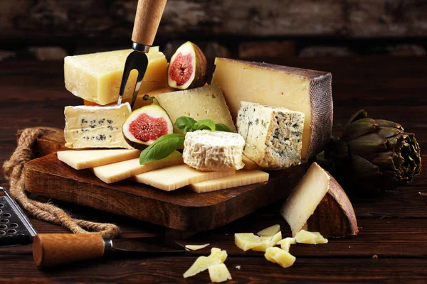 다른 종류의 치즈. 여러 가지 치즈가 들어 있는 치즈 접시 — 스톡 사진