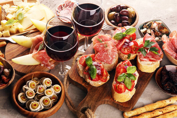 Italian antipasti wine snacks set. Cheese variety, Mediterranean