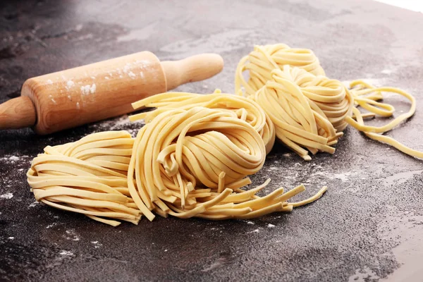 Closeup of raw homemade pasta. fresh italian traditional raw fre