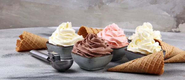 soft ice cream in flavor vanilla, chocolate and strawberry. Deli