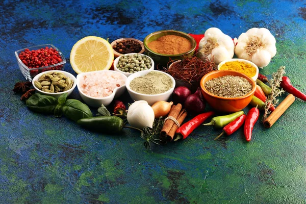 Spices and herbs on table. Food and cuisine ingredients for good — Stock Photo, Image