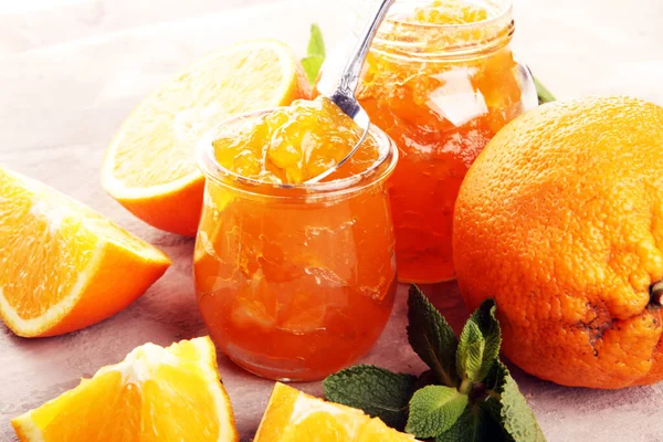 Orange homemade jam marmelade in a glass jar. orange marmelade — 스톡 사진