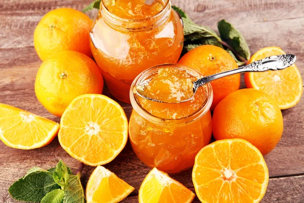Mandarin homemade jam marmelade in a glass jar. orange marmelade — 스톡 사진