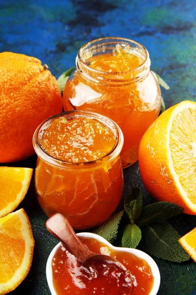 Orange homemade jam marmelade in a glass jar. orange marmelade — ストック写真