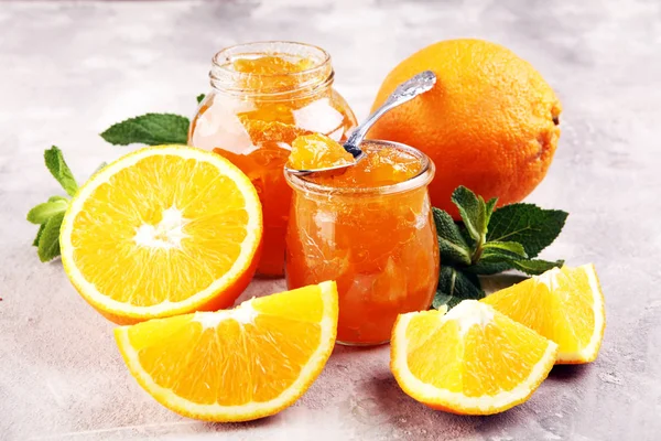 Orange homemade jam marmelade in a glass jar. orange marmelade — 스톡 사진