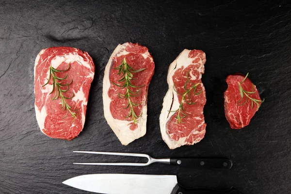 Variety Steak raw. Barbecue Rib Eye Steak, dry Aged Wagyu Entrec — Stock Photo, Image