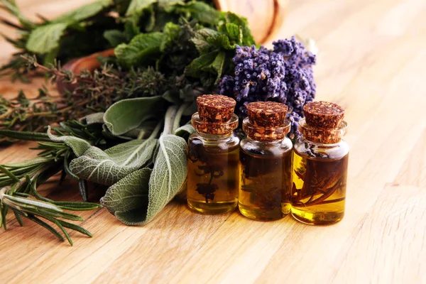Fresh herbs from the garden and the different types of oils for
