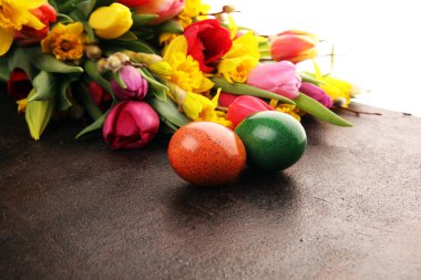 Bahar dekorasyonu için çiçek açan nergisler ve paskalya yumurtaları.