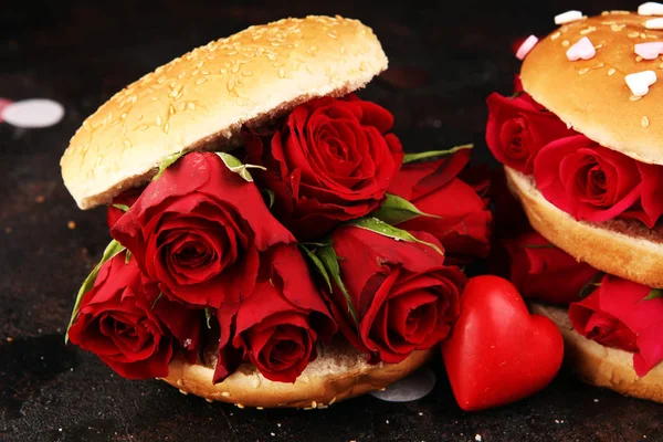 burger for valentines day with roses and red hearts