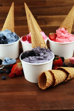 Çeşitli dondurma aromalı yabanmersini, çilek, böğürtlen aromalı kırsal alanda. Yaz ve Tatlı menü konsepti. Çilek ve dondurma.