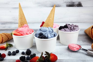 Çeşitli dondurma aromalı yabanmersini, çilek, böğürtlen aromalı kırsal alanda. Yaz ve Tatlı menü konsepti. Çilek ve dondurma.