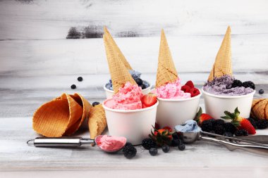 Çeşitli dondurma aromalı yabanmersini, çilek, böğürtlen aromalı kırsal alanda. Yaz ve Tatlı menü konsepti. Çilek ve dondurma.