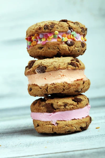 ice cream sandwiches. Chocolate Chip Cookie Ice Cream Sandwich on table