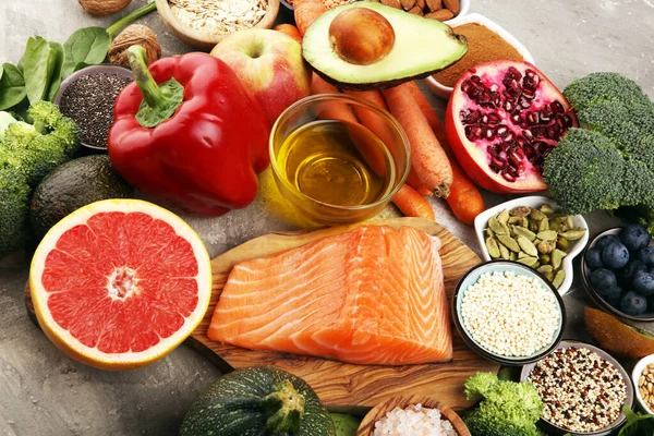 Sağlıklı Gıda Temiz Yeme Seçimi Arka Planda Balık Meyve Sebze — Stok fotoğraf