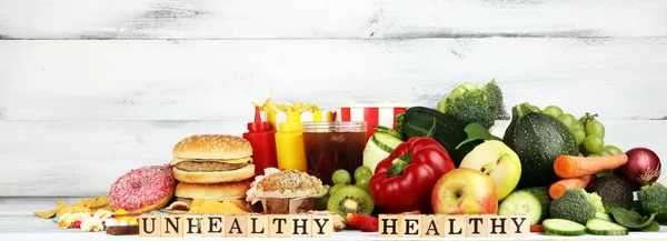 Υγιεινά Ανθυγιεινά Τρόφιμα Concept Φωτογραφία Των Υγιεινών Και Ανθυγιεινών Τροφίμων — Φωτογραφία Αρχείου